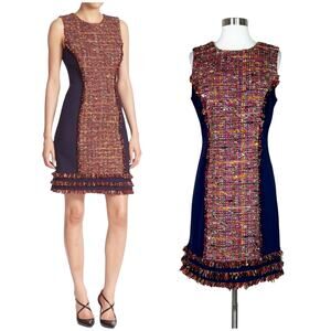 NEW DVF | Jacey Tweed Fringe Navy Blue Red Sleeveless Designer Sheath Dress 10